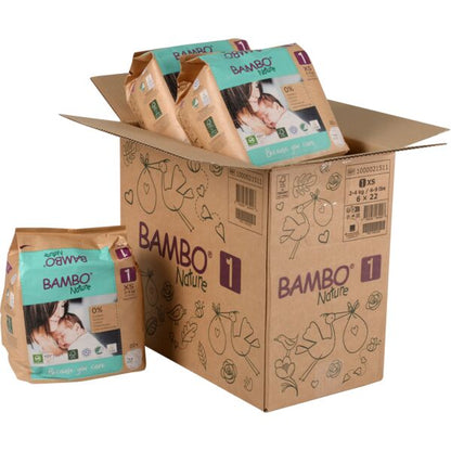 Pañales Bambo Nature Talla 1, (2-4 kg), Caja de 6x22 unidades