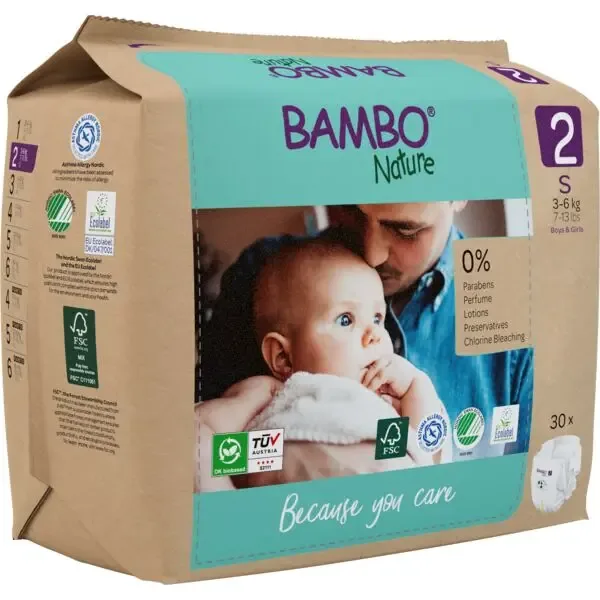 [1000021512] Bambo Nature Pañales Talla 2 (3–6 kg) - caja de 6 bolsas x 30 uds