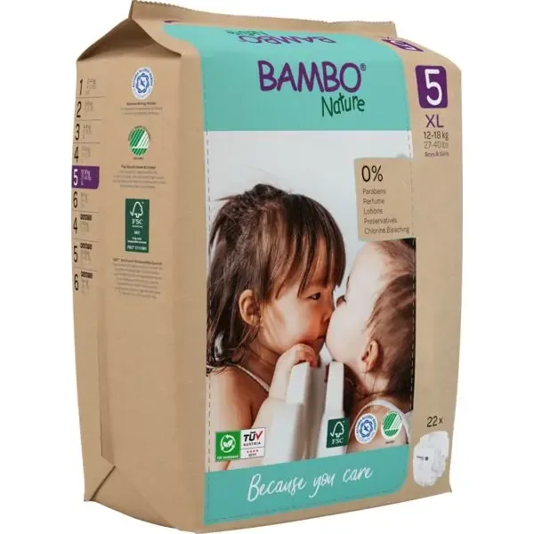 [1000021515] Bambo Nature Pañales Talla 5 (12-18 kg) - caja de 6 bolsas x 22 uds